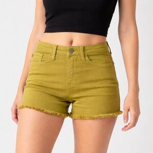 Judy Blue Green Mid Rise Garment Dyed Frayed Hem Shorts
